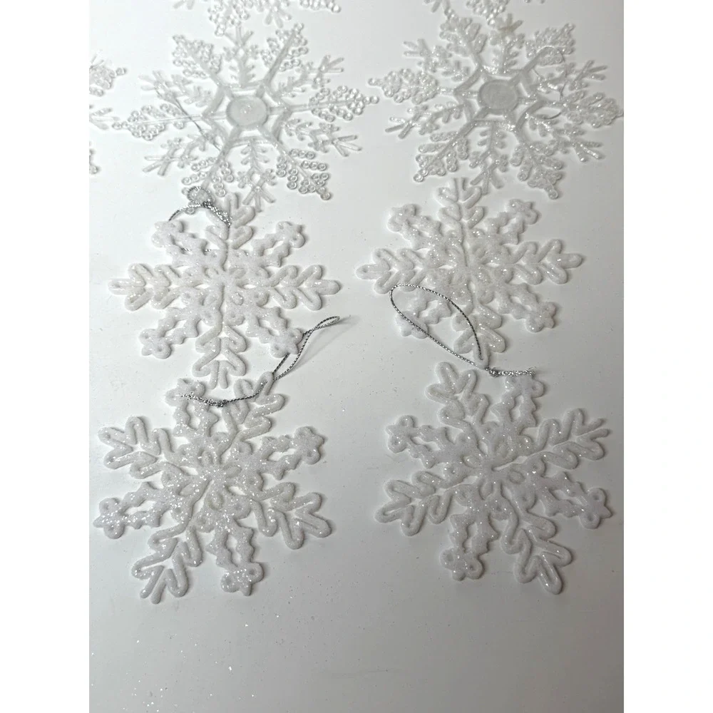 Lot 12 Snowflake Christmas Ornaments White Clear & Opaque Glitter Plastic Winter